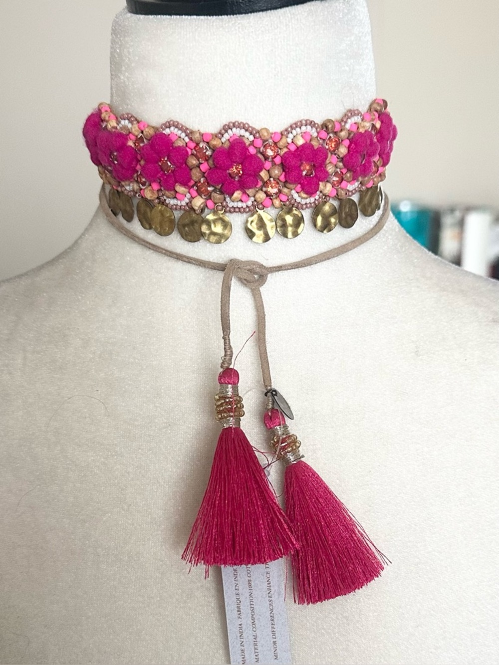 Deepa Gurnani Handcrafted Pink Floral Beaded Tassel Choker Necklace